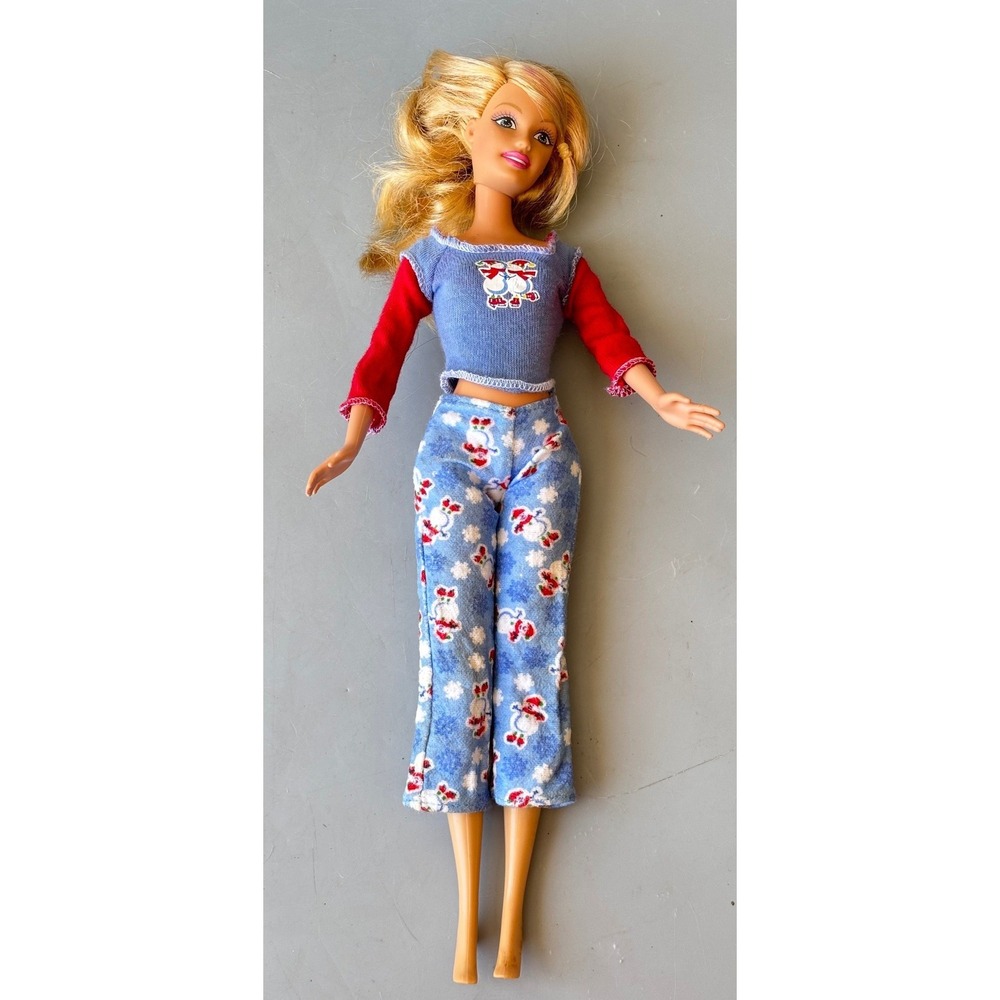 Vtg 1999 Mattel‎ Barbie Doll Winter Snowman Pajamas Blue Red Knit Top Snowflake